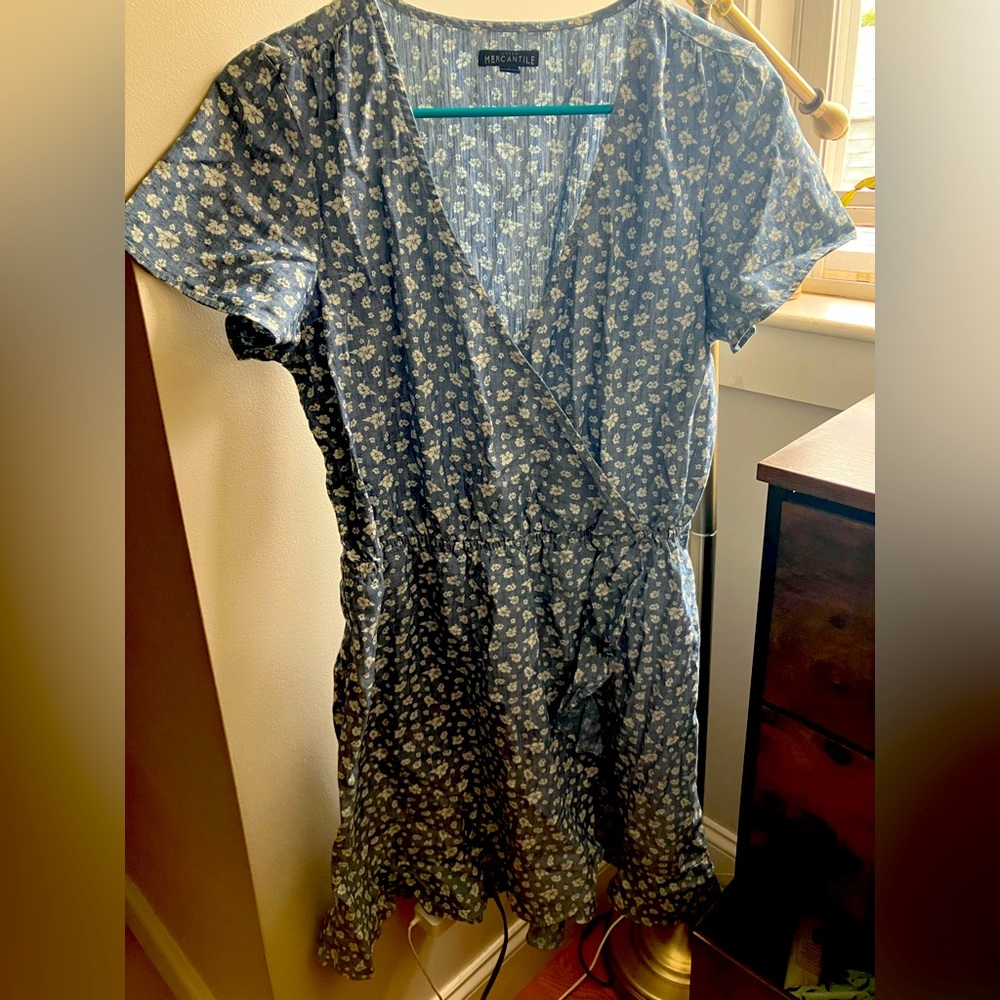 J Crew Mercantile linen, blue floral sun dress.